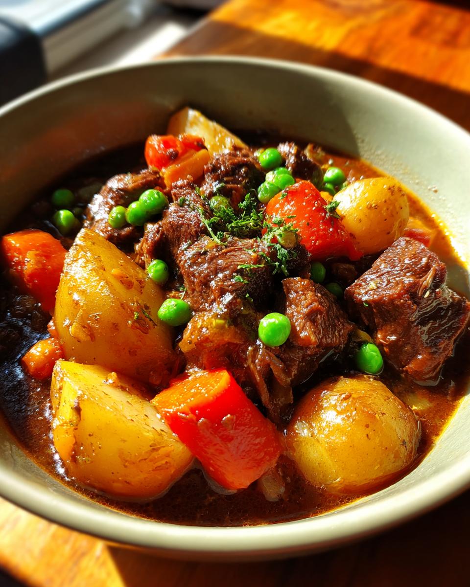 A hearty bowl of rich slow cooker beef stew, featuring tender beef chunks, potatoes, carrots, and peas.