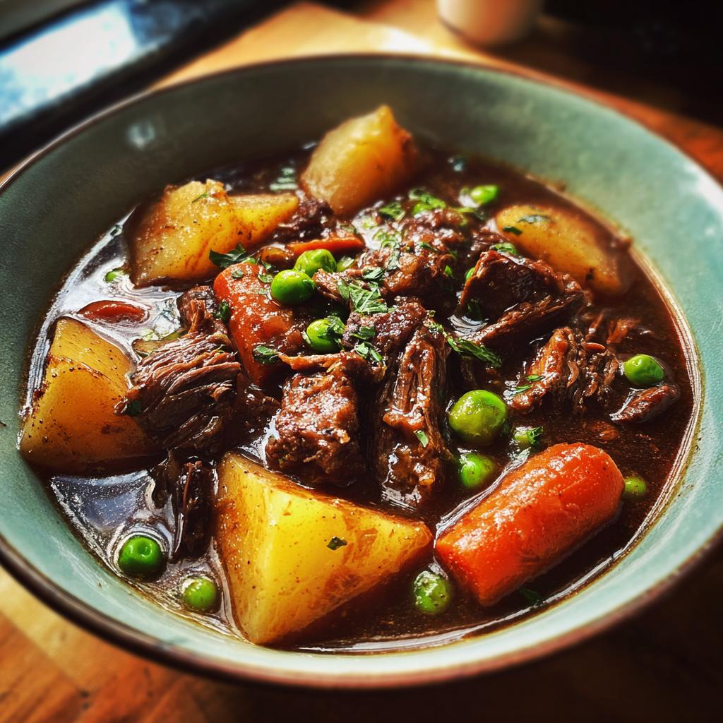 A close-up of a bowl of rich slow cooker beef stew, featuring tender beef chunks, potatoes, carrots, and peas, garnished with parsley.
