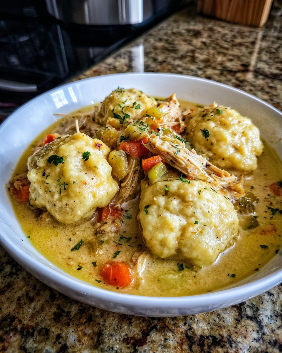 A bowl of comforting chicken and dumplings made with slow cooker recipes, featuring shredded chicken, vegetables, and fluffy dumplings.
