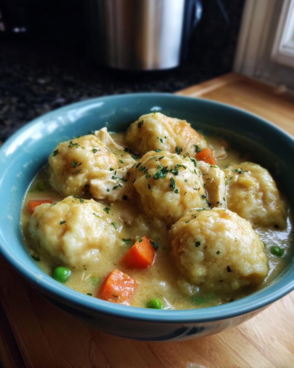 Close-up of a bowl of cozy chicken and dumplings, with chicken, carrots, and peas in a creamy broth.