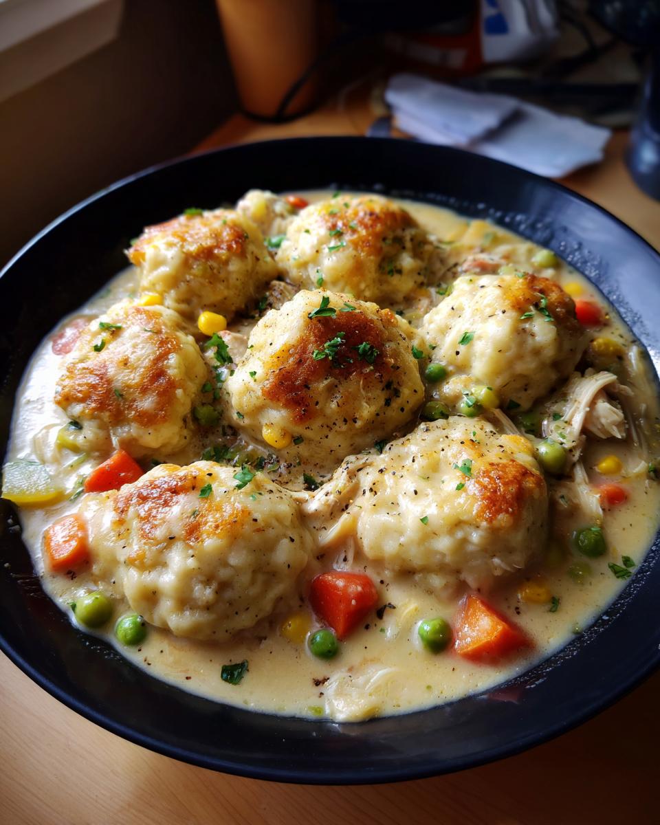 A steaming bowl of slow cooker chicken and dumplings, featuring fluffy dumplings, tender chicken, and vegetables in a creamy sauce.
