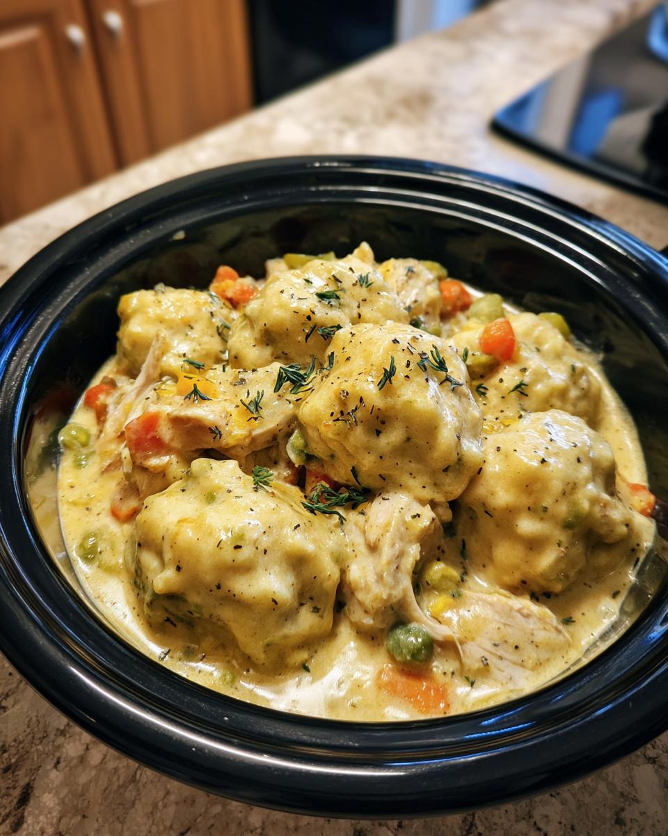 Close-up of fluffy dumplings in creamy chicken and vegetable stew from a slow cooker recipe.
