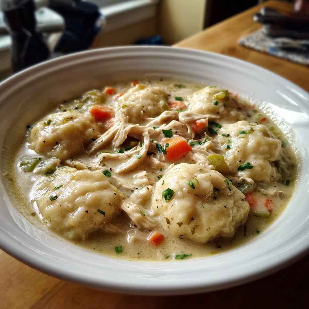 A close-up of a white bowl filled with hearty chicken and dumplings, featuring shredded chicken, carrots, celery, and fluffy dumplings in a creamy broth.