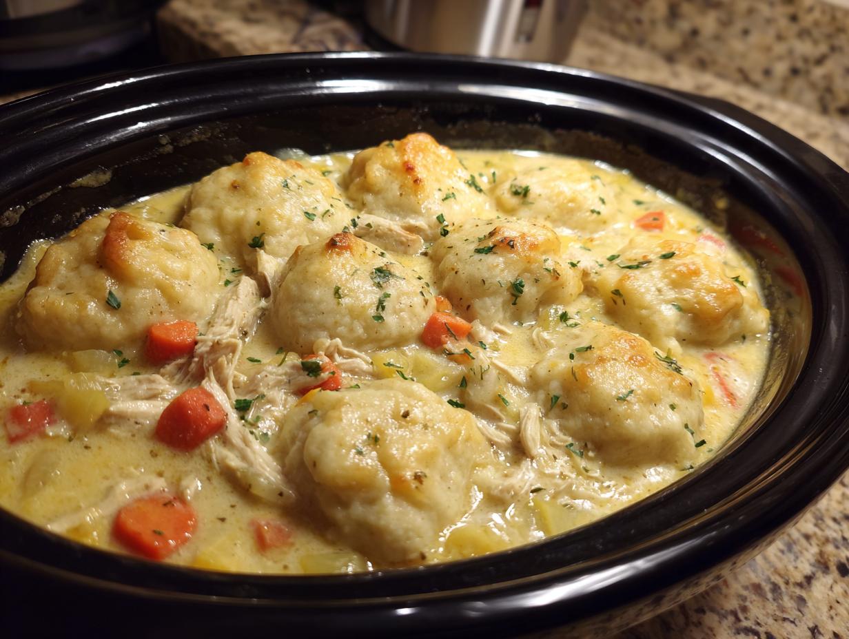 Close-up of fluffy dumplings nestled in creamy chicken and vegetable stew in a black slow cooker.