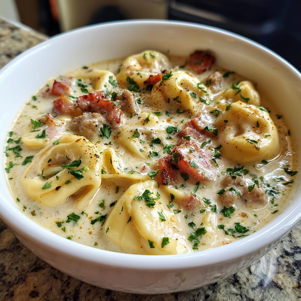 A close-up of a white bowl filled with creamy tortellini soup, featuring tortellini pasta, sausage, bacon, and fresh parsley.