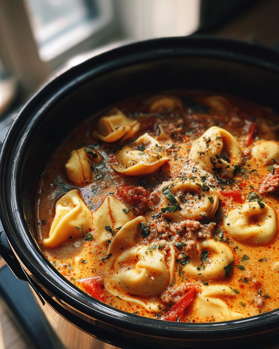Close-up of creamy tortellini soup with ground meat and herbs in a slow cooker.