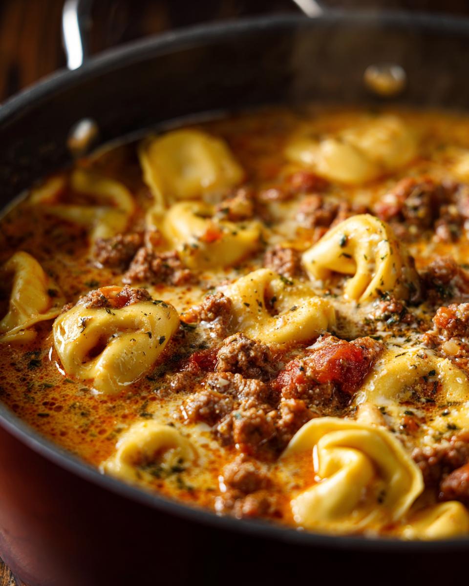 Close-up of a rich, creamy tortellini soup with ground beef and herbs in a pot.