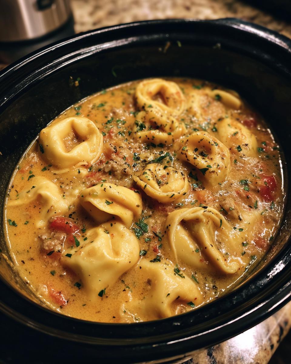 Close-up of creamy tortellini soup in a slow cooker, garnished with parsley.