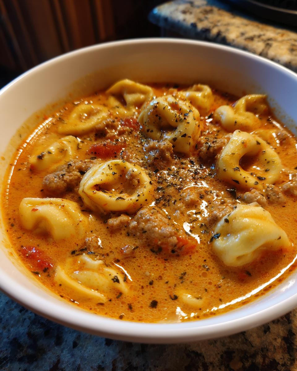 A bowl of creamy tortellini soup with ground meat and diced tomatoes, seasoned with herbs.