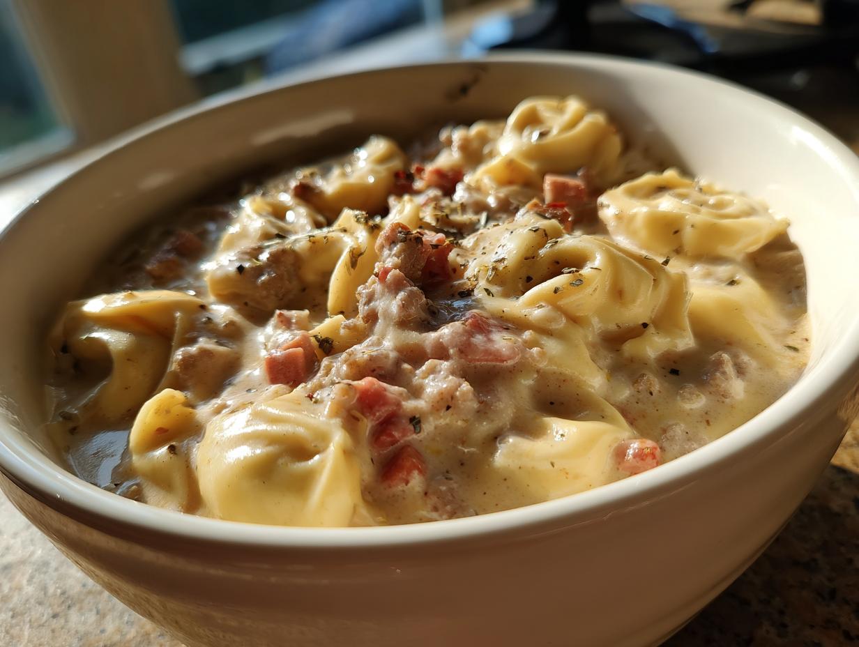 A close-up of a bowl filled with creamy tortellini soup, featuring tortellini pasta, ground meat, and herbs.
