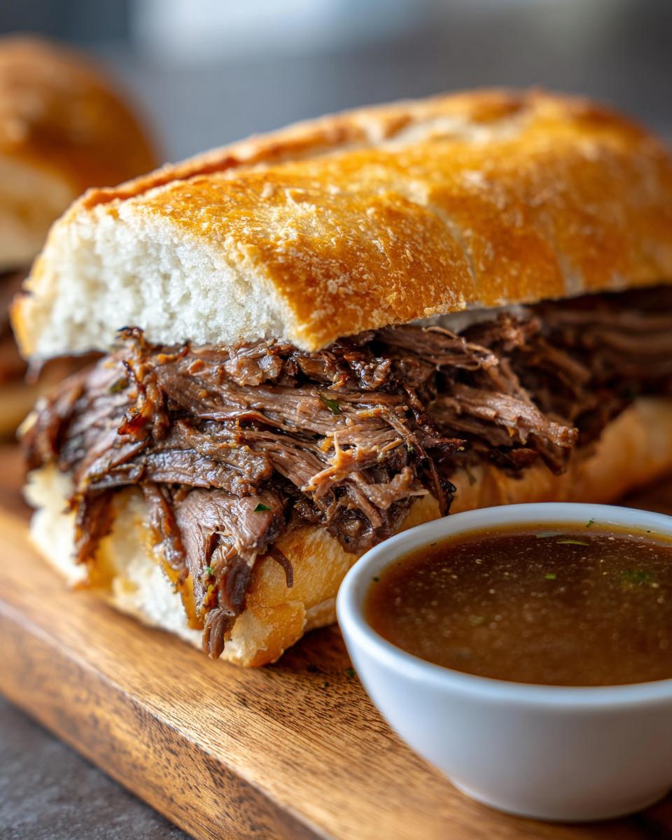 A delicious slow cooker French dip sandwich piled high with shredded beef, served with a side of au jus.