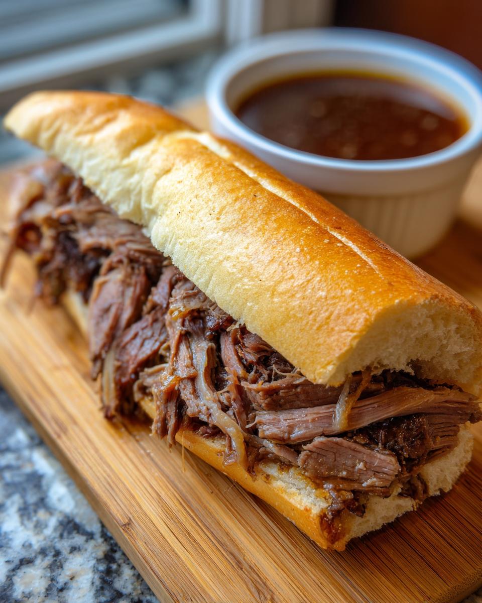 A delicious Slow Cooker French Dip sandwich overflowing with tender shredded beef, served with a side of au jus.