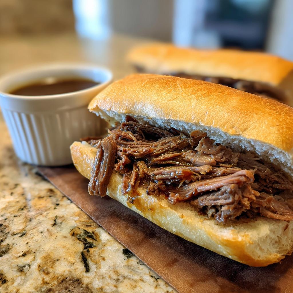 A delicious slow cooker French dip sandwich overflowing with tender shredded beef, served with a side of au jus.