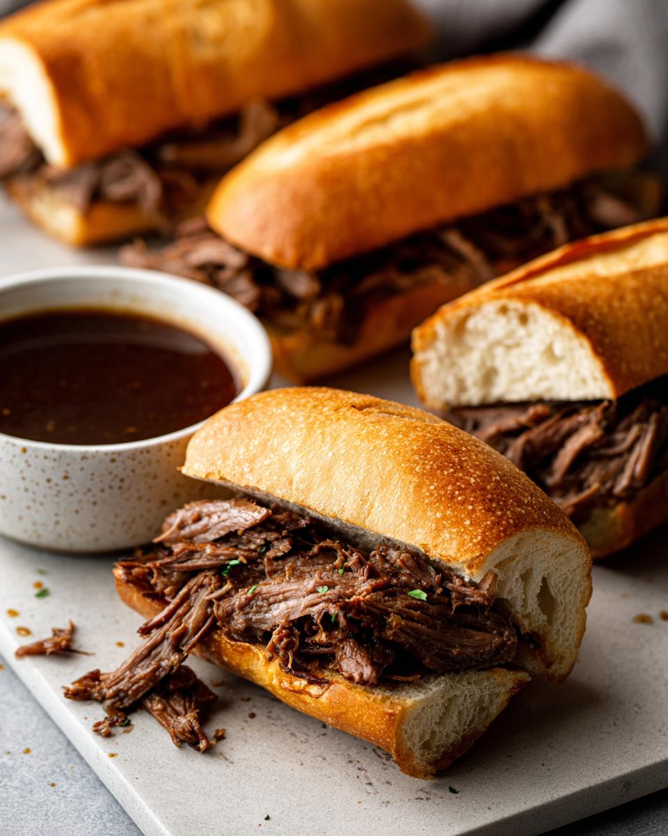 Close-up of a delicious Slow Cooker French Dip sandwich filled with shredded beef, served with a side of au jus.