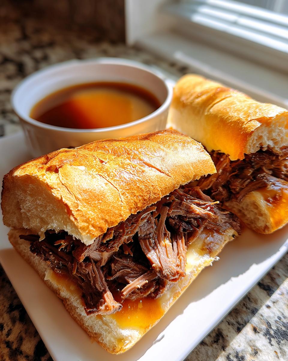 Two halves of a French dip sandwich overflowing with shredded beef and au jus, served with a side of dipping broth.