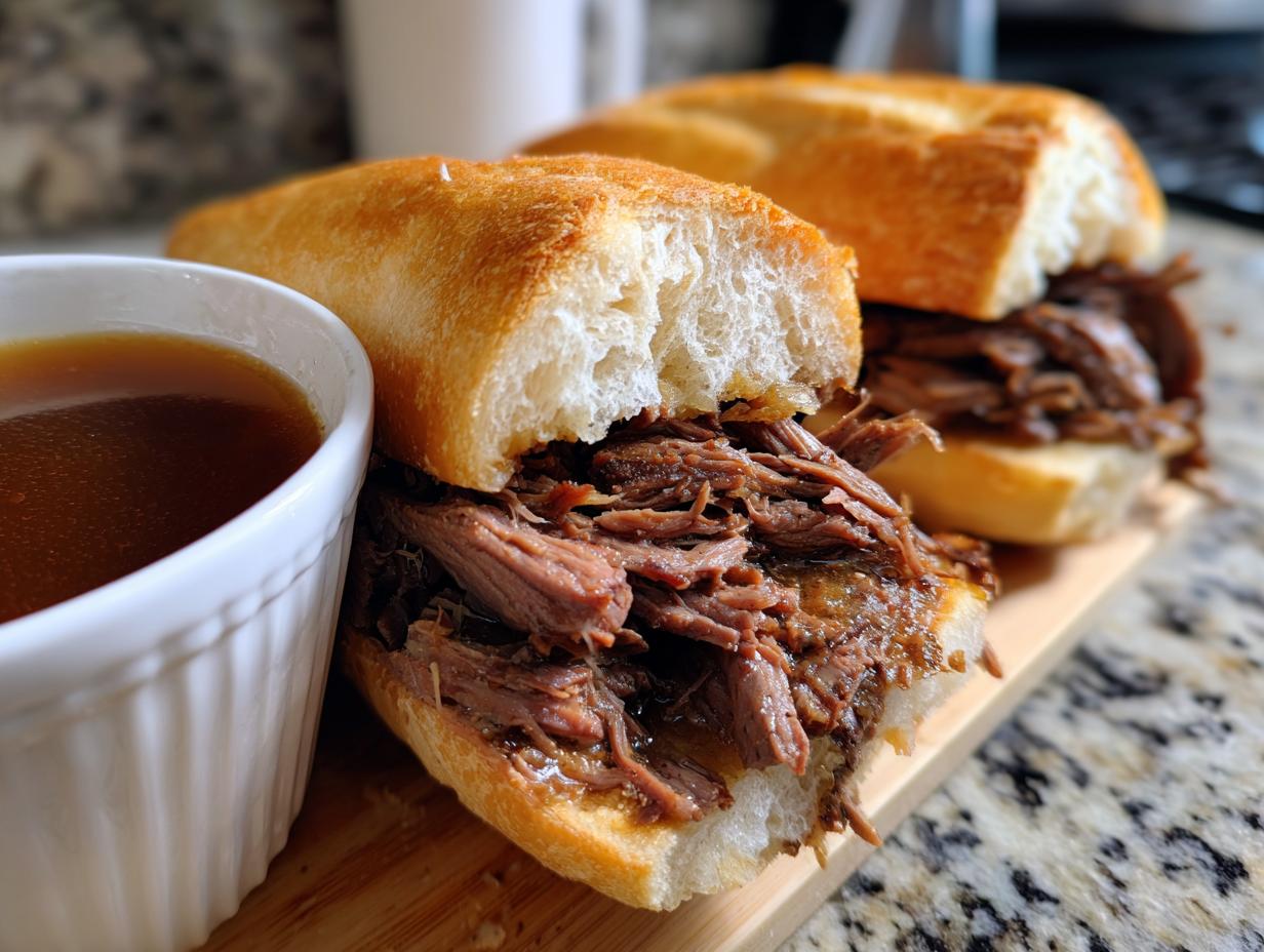 Two delicious Slow Cooker French Dip Sandwiches piled high with shredded beef and a side of au jus.