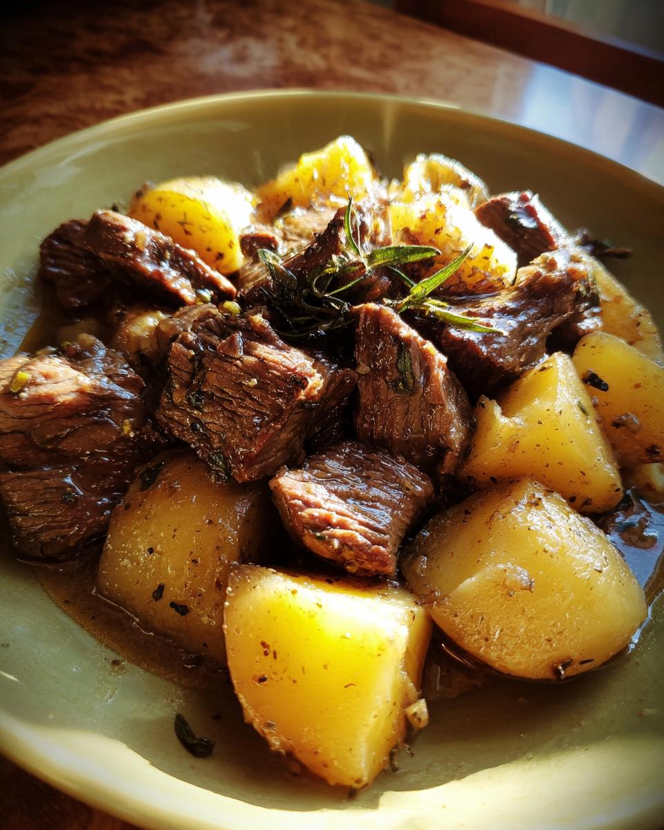 A close-up of tender chunks of Slow Cooker Garlic Butter Beef with Potatoes, garnished with fresh rosemary.
