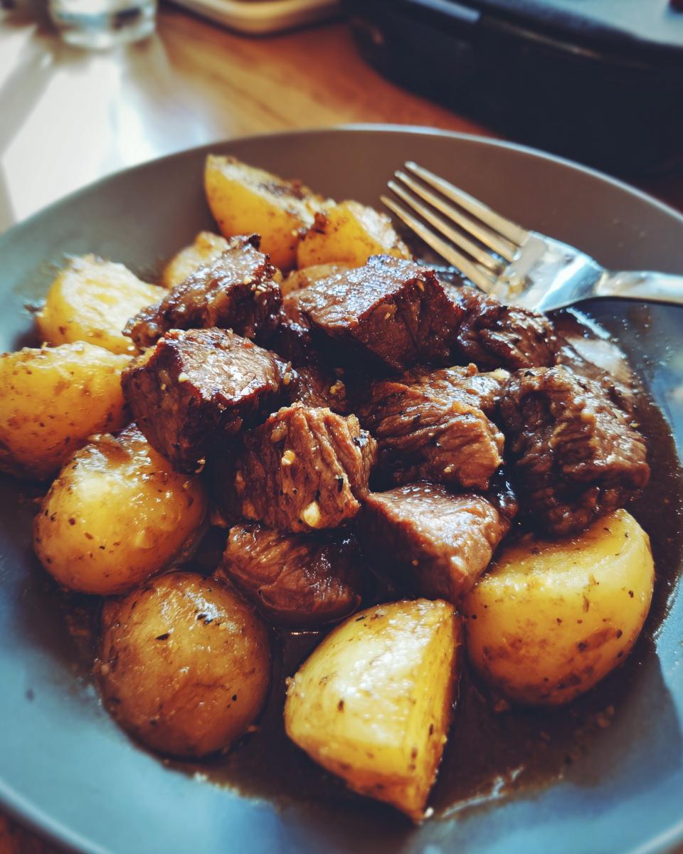 A close-up of tender Slow Cooker Garlic Butter Beef with Potatoes served on a grey plate with a fork.