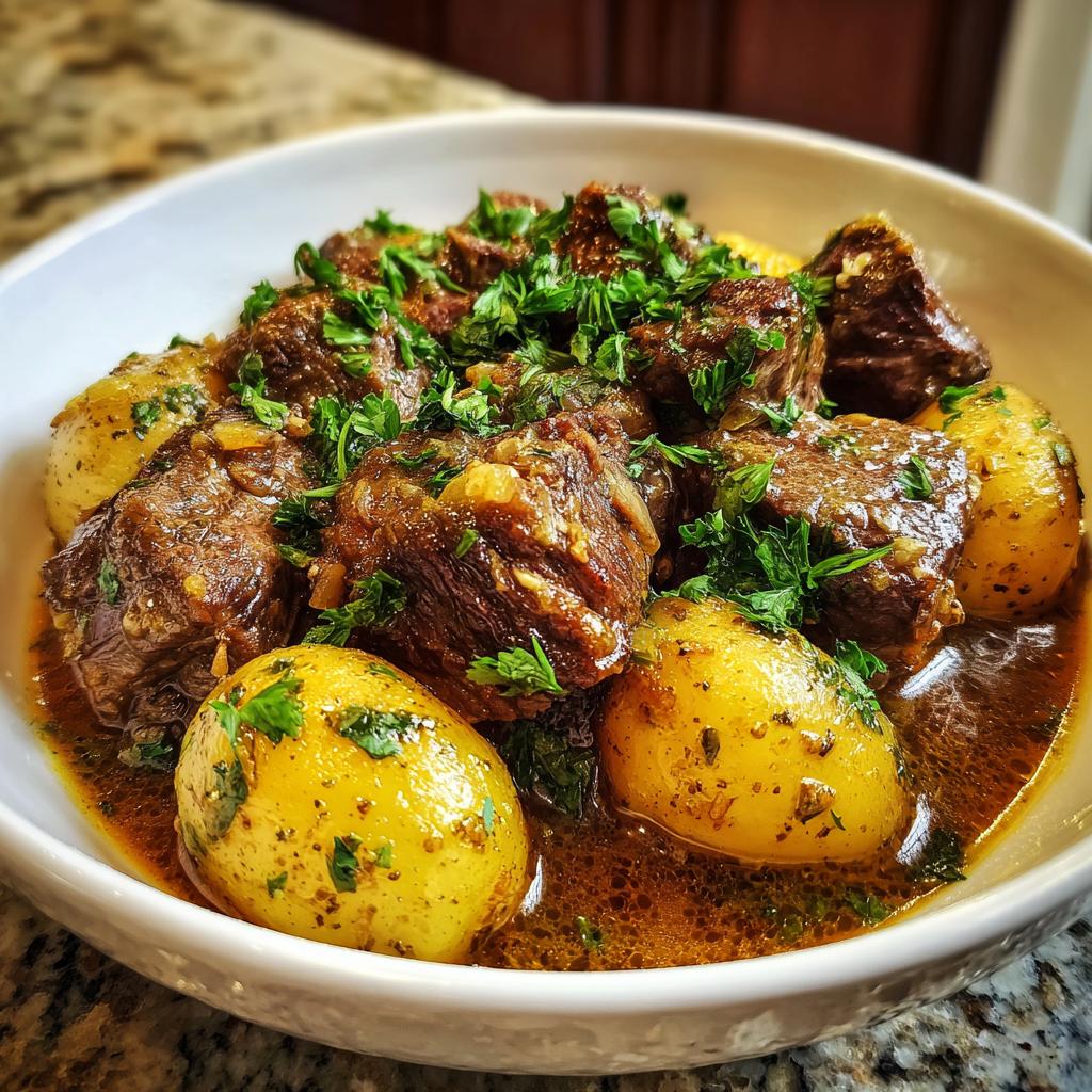 A bowl of tender Slow Cooker Garlic Butter Beef with Potatoes, garnished with fresh parsley.