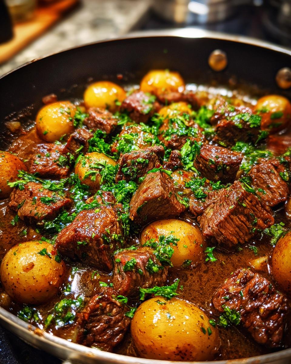 Close-up of tender Slow Cooker Garlic Butter Beef with Potatoes, garnished with fresh parsley.