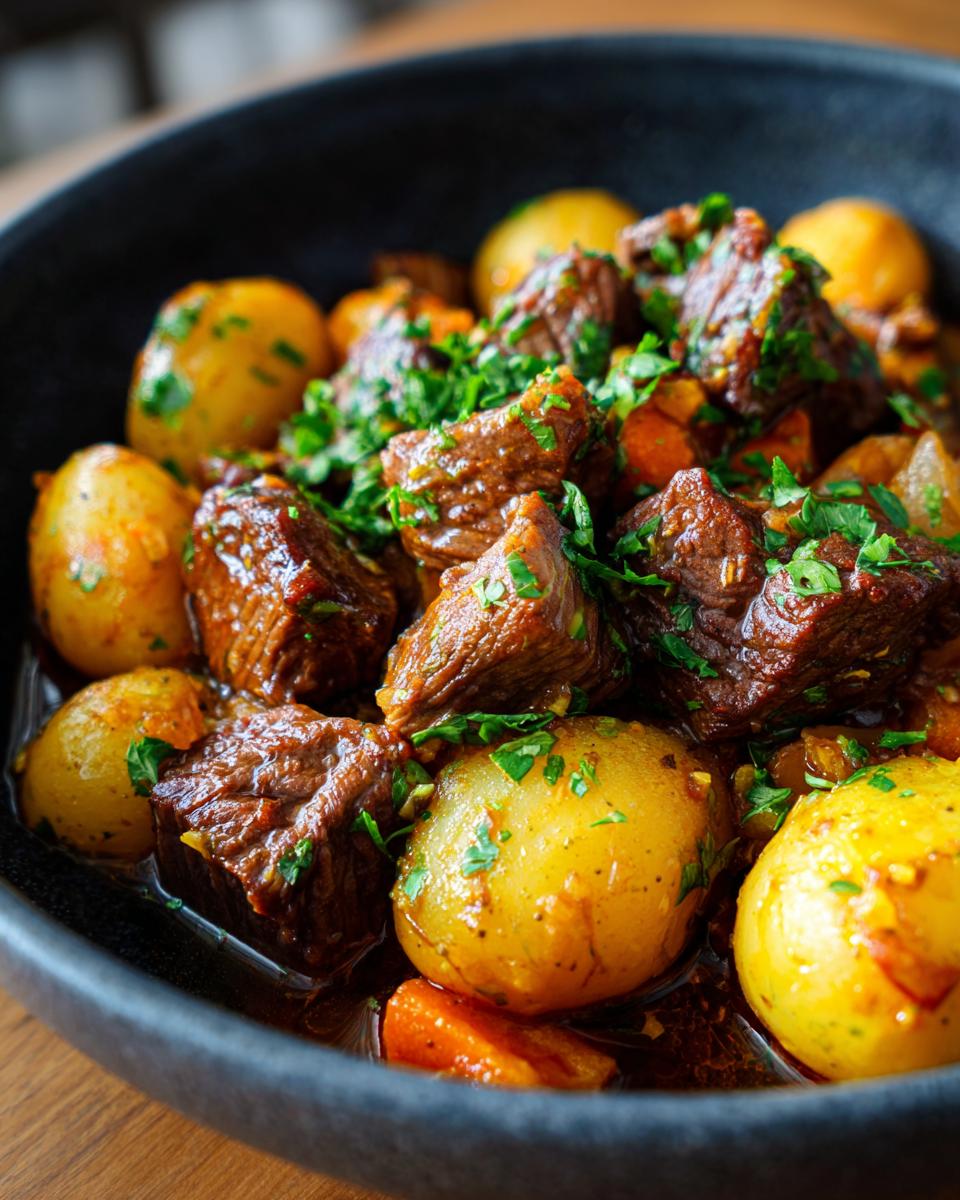 Close-up of tender Slow Cooker Garlic Butter Beef with Potatoes, garnished with fresh parsley.