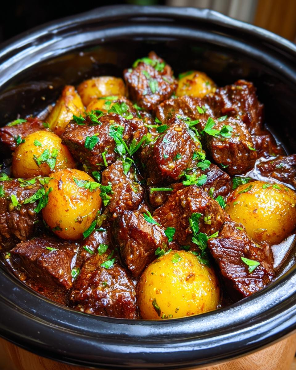 A close-up of tender slow cooker garlic butter beef with potatoes, garnished with fresh parsley.