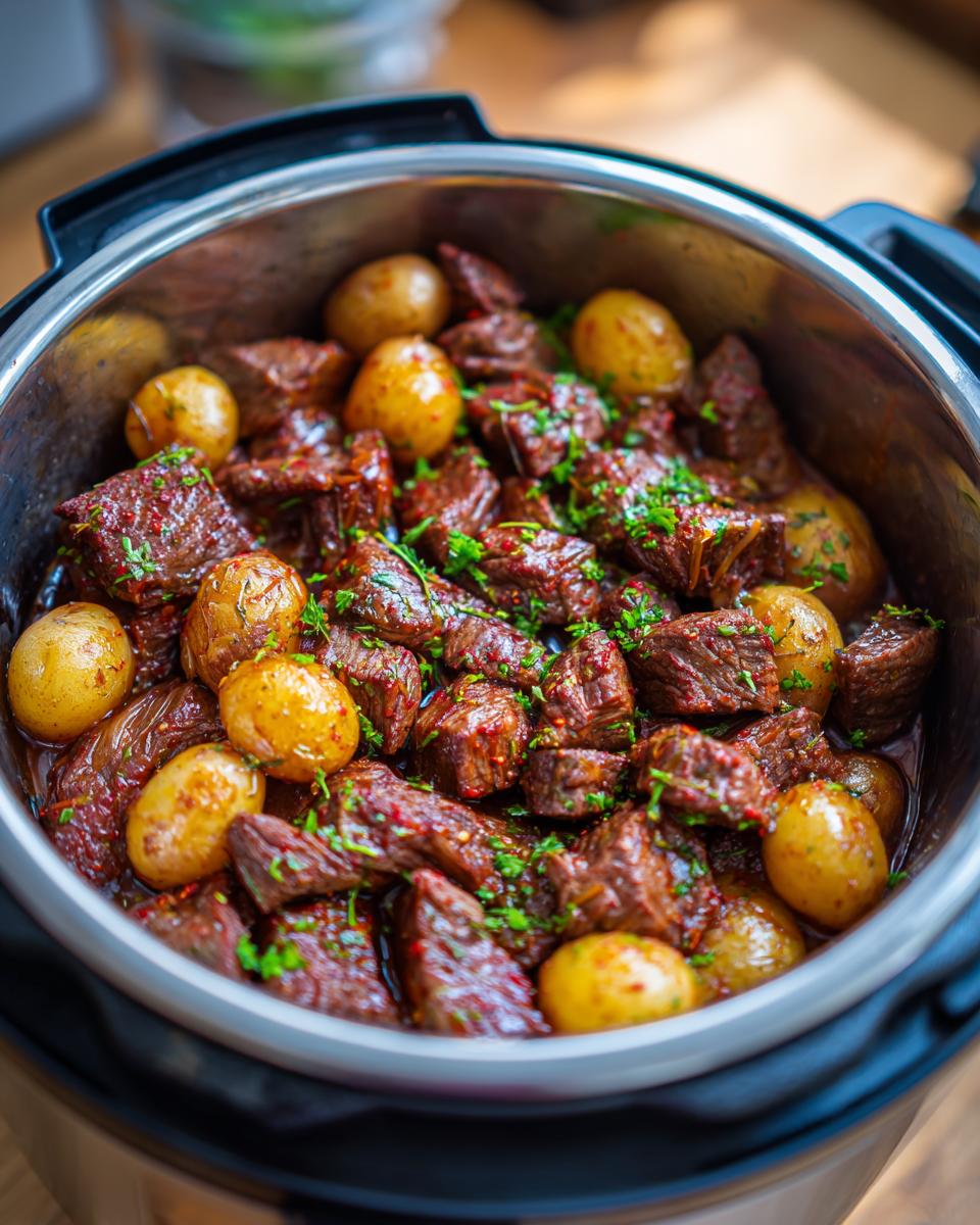 Close-up of tender Slow Cooker Garlic Butter Beef with Potatoes, garnished with fresh parsley, in a pot.
