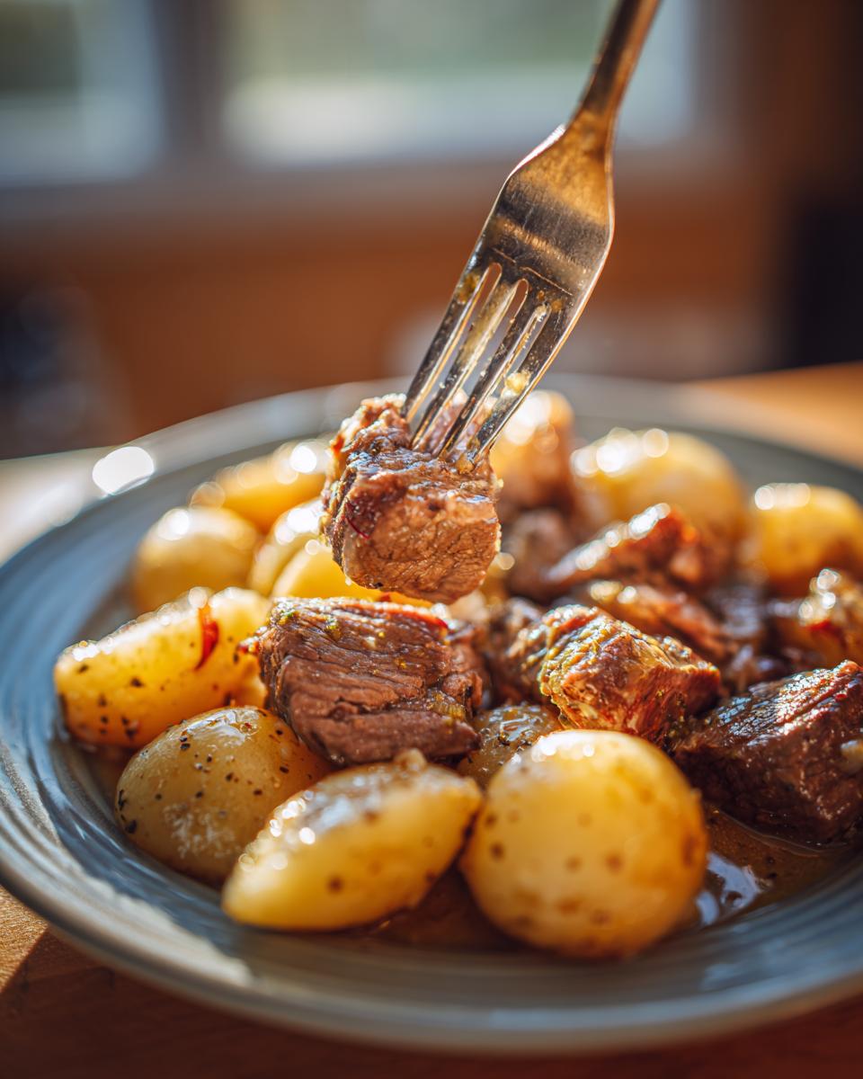 A fork lifting a piece of tender Slow Cooker Garlic Butter Beef with Potatoes from a bowl.