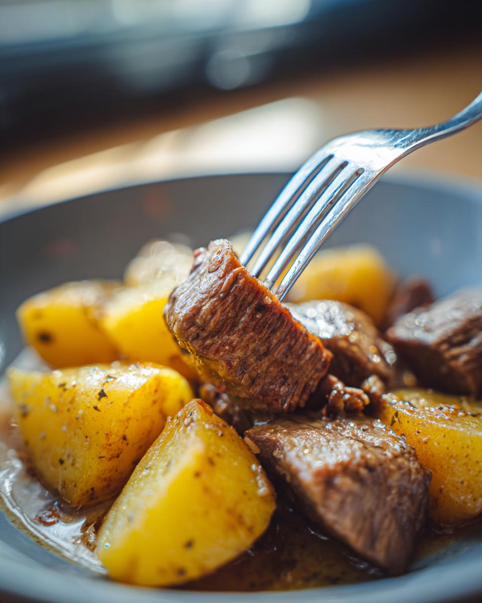 A fork lifting a piece of tender Slow Cooker Garlic Butter Beef with Potatoes from a bowl.