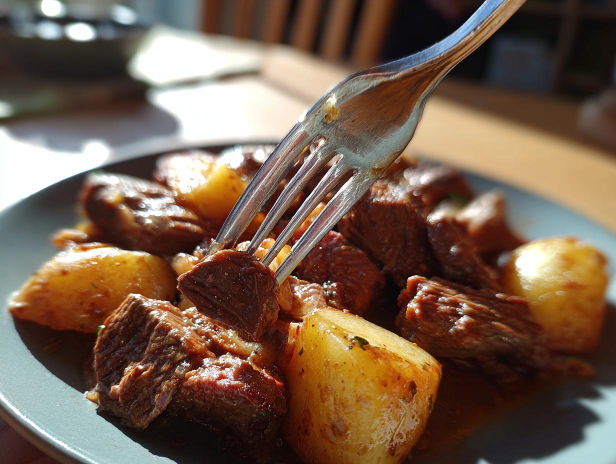 A fork lifts a piece of tender Slow Cooker Garlic Butter Beef with Potatoes from a plate.