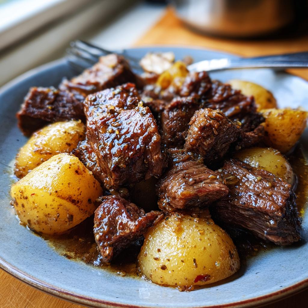 A close-up of tender Slow Cooker Garlic Butter Beef with Potatoes, glistening in a rich sauce on a plate.