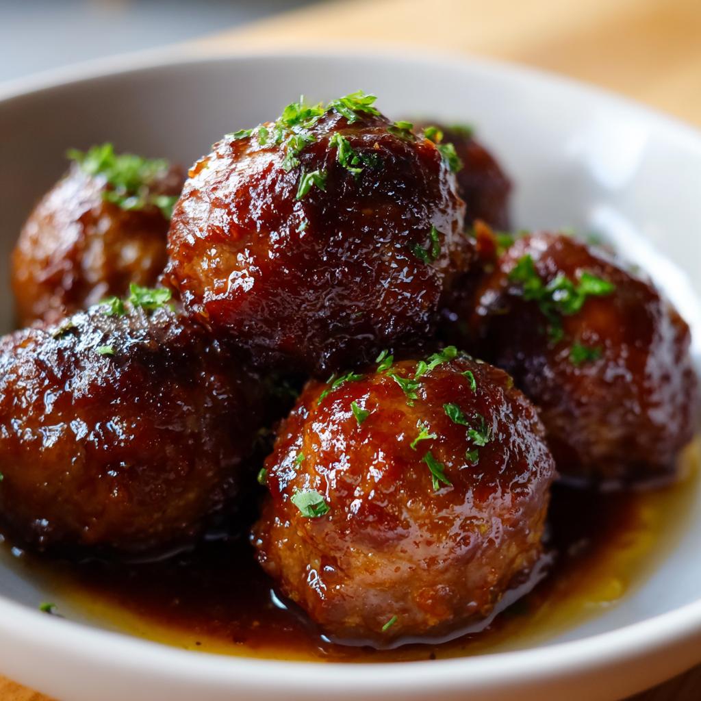 A bowl of glossy honey garlic meatballs, garnished with parsley, perfect for slow cooker recipes.