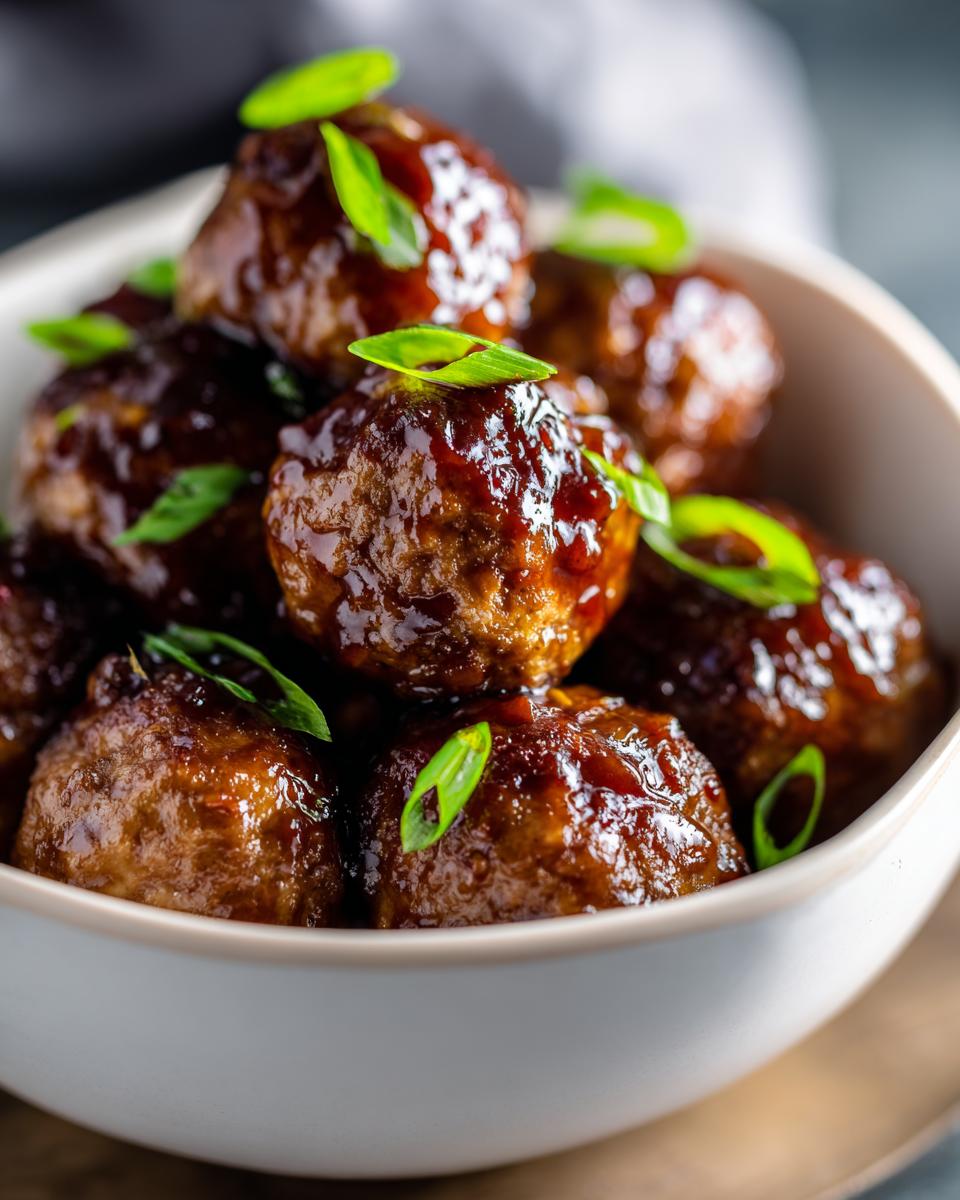 A bowl filled with glistening honey garlic meatballs, garnished with fresh green onions, perfect for slow cooker recipes.