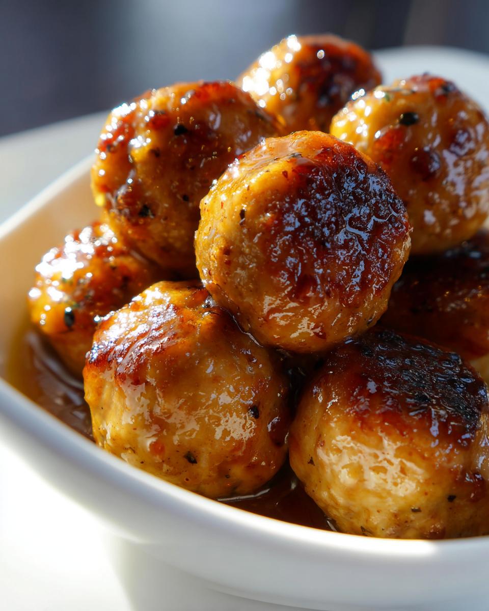 Close-up of glistening slow cooker honey garlic meatballs in a white bowl, perfect for party time.
