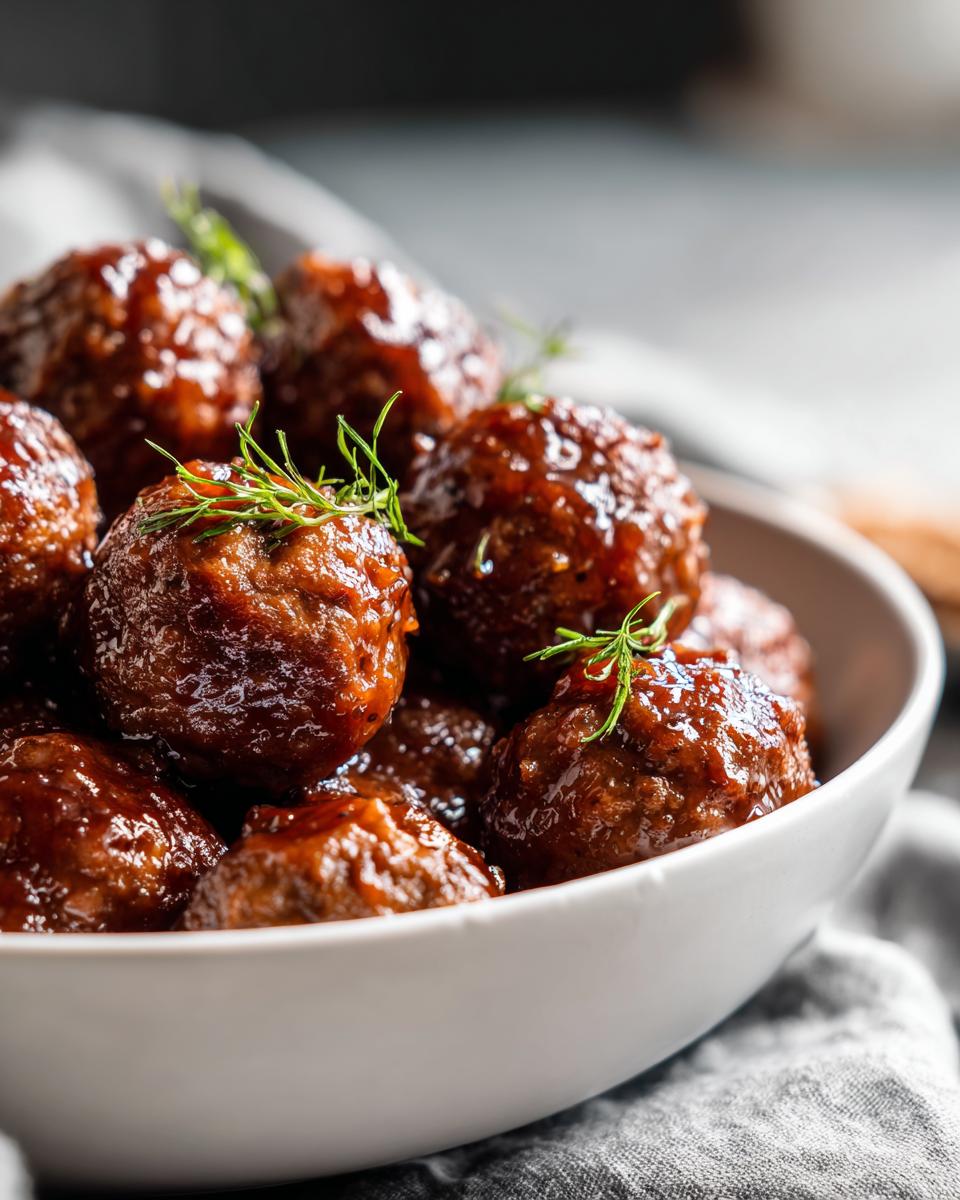 Close-up of a bowl filled with glistening honey garlic meatballs, garnished with fresh dill, perfect for slow cooker recipes at parties.