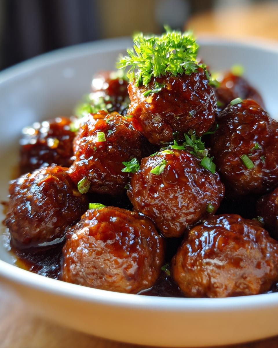 Close-up of glossy honey garlic meatballs in a white bowl, garnished with fresh parsley and green onions.