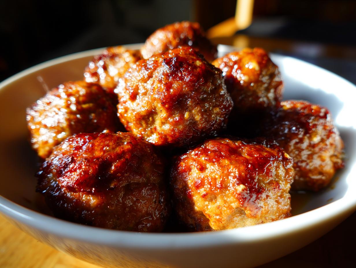 Close-up of a bowl filled with glossy, glazed honey garlic meatballs, perfect for slow cooker recipes at parties.