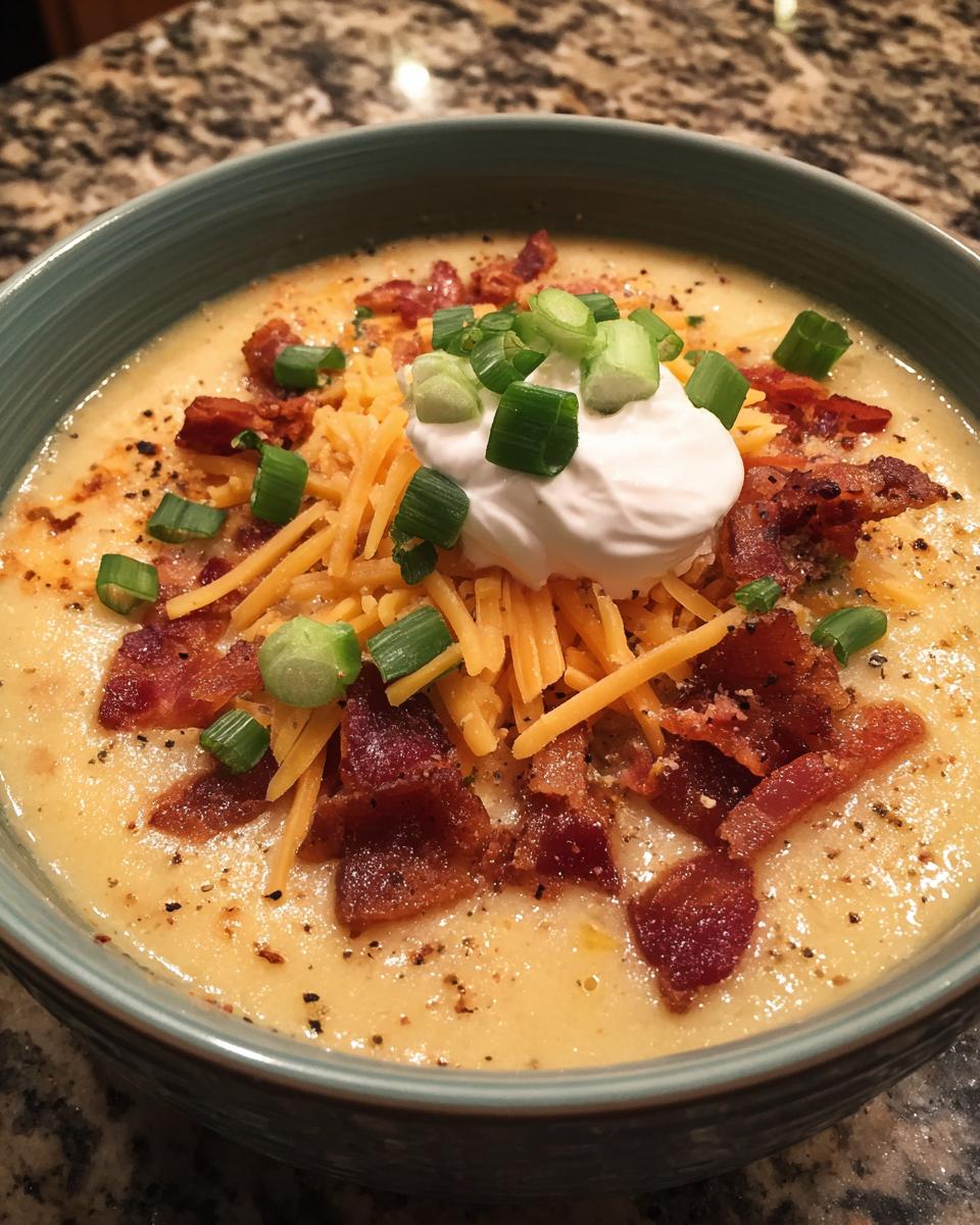 A close-up of a bowl of loaded baked potato soup, topped with shredded cheese, bacon bits, sour cream, and green onions.