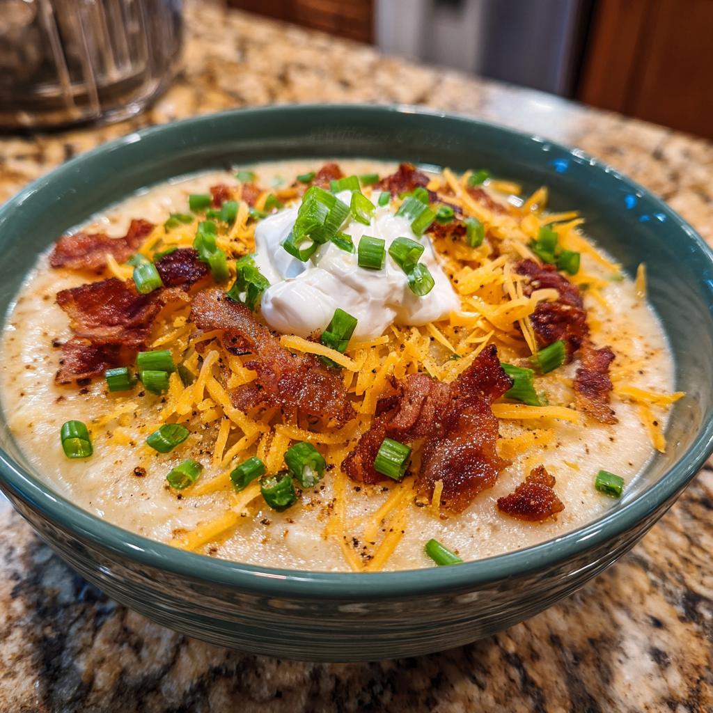 A bowl of creamy loaded baked potato soup, topped with shredded cheddar cheese, crispy bacon, sour cream, and chives.