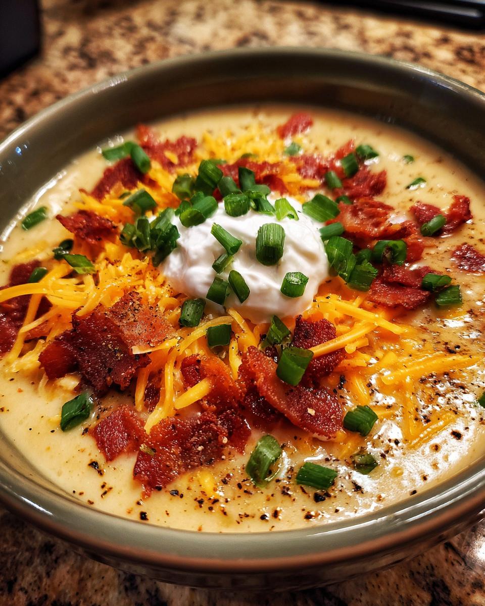 A close-up of a bowl of Slow Cooker Loaded Baked Potato Soup, topped with cheese, bacon, sour cream, and chives.