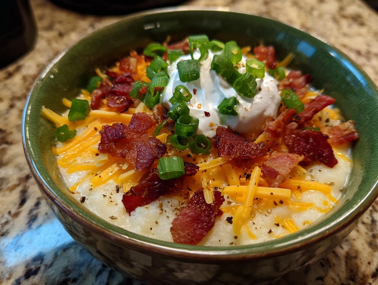 A close-up of a bowl of loaded baked potato soup, topped with shredded cheese, bacon, sour cream, and chives.