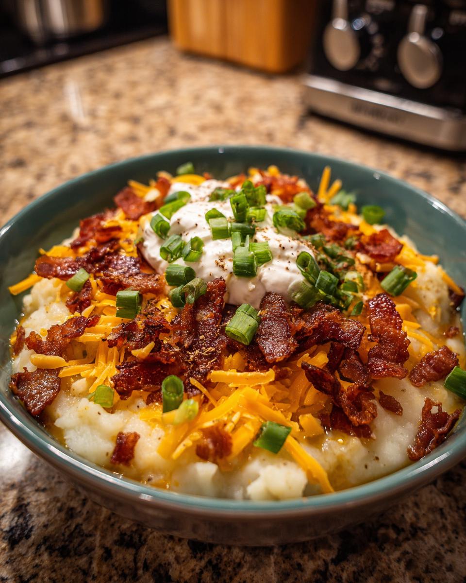 A bowl of loaded baked potato soup topped with cheese, bacon, sour cream, and chives.