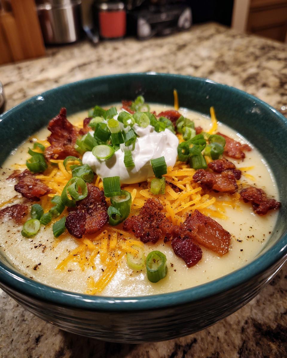 A close-up of a bowl of loaded baked potato soup, topped with cheese, bacon, sour cream, and green onions.