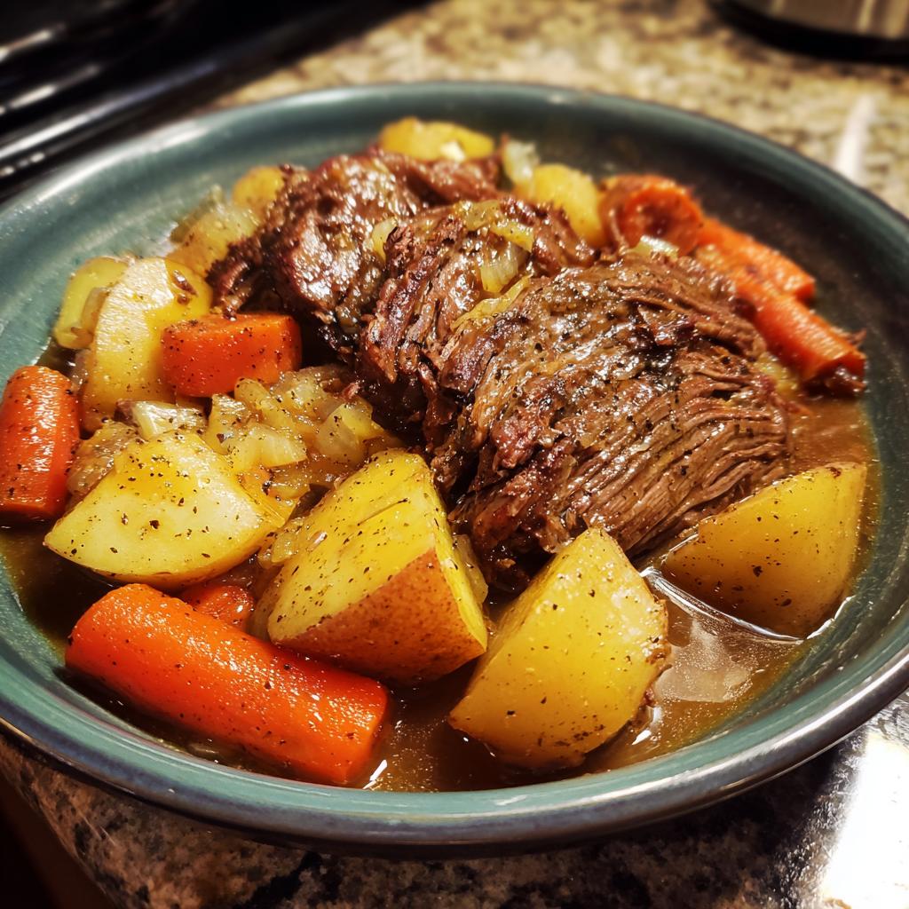 A hearty bowl of slow cooker pot roast with tender beef, potatoes, and carrots in a rich gravy.