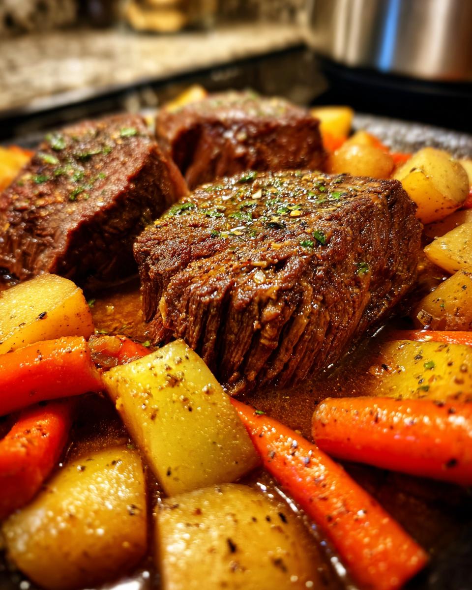 Close-up of tender slow cooker pot roast with tender carrots and potatoes, seasoned with herbs.