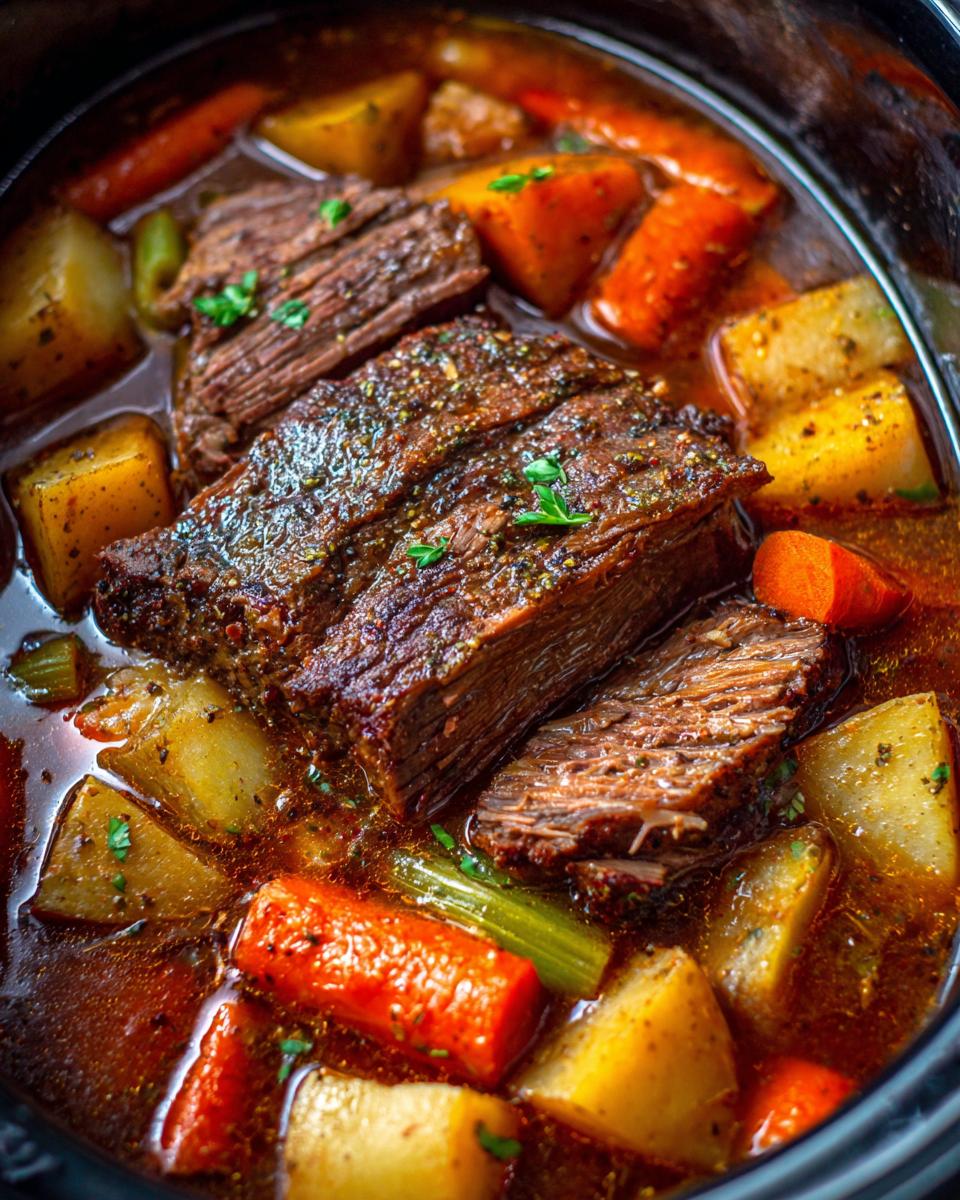 Close-up of tender slow cooker pot roast with carrots, potatoes, and celery in a rich broth.