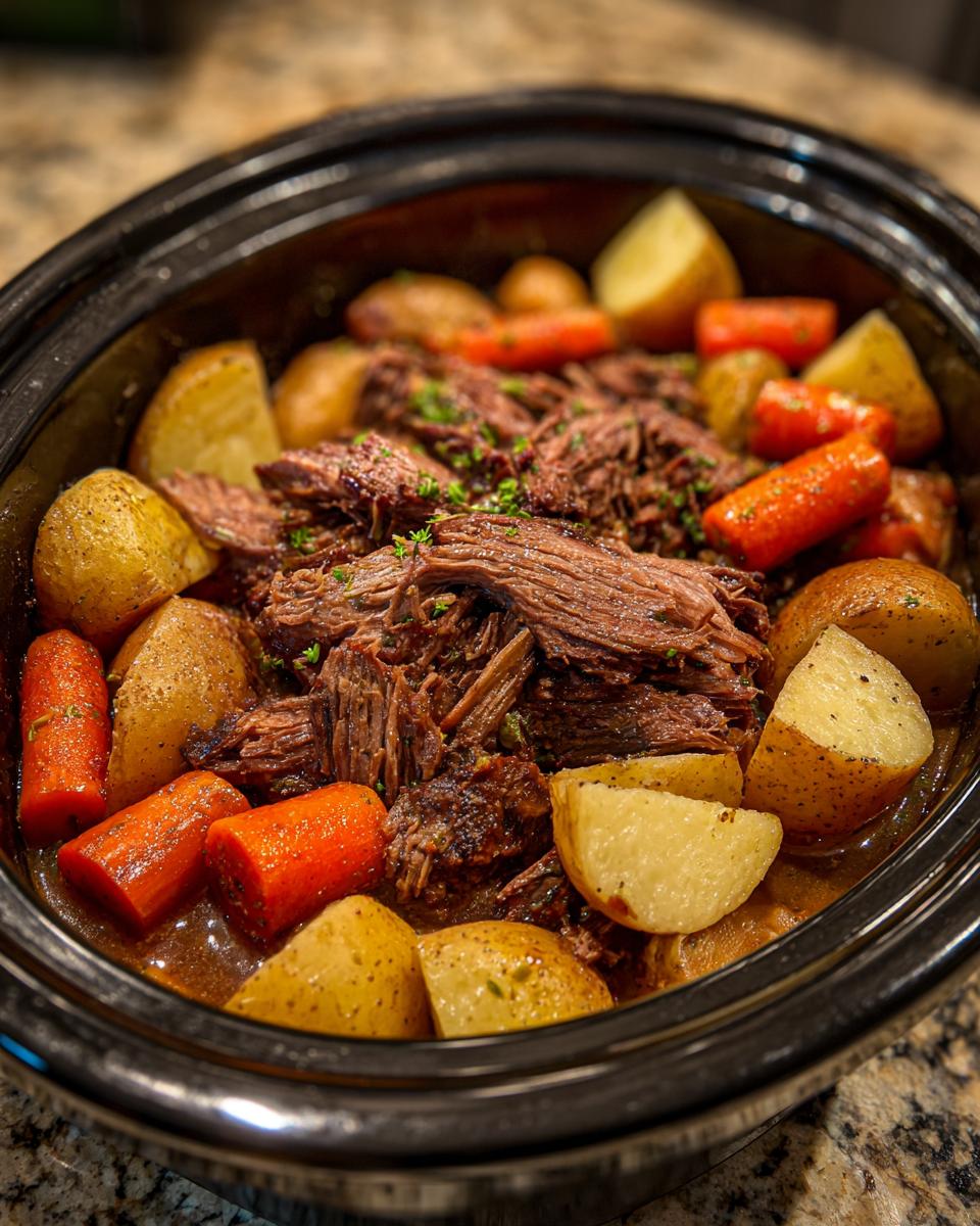 A slow cooker filled with tender pot roast, potatoes, and carrots, seasoned with herbs.