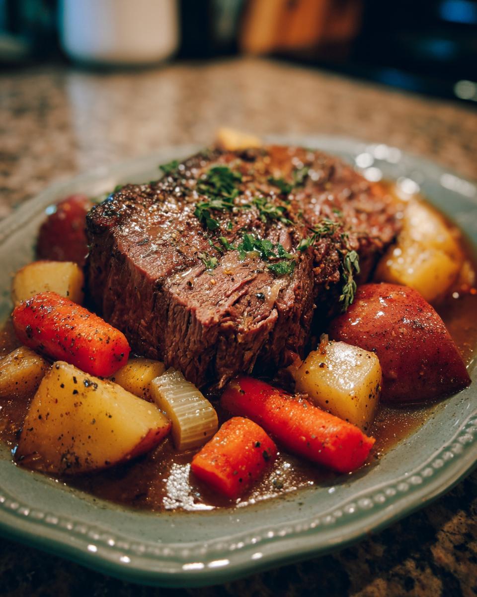 A close-up of a tender slow cooker pot roast served with carrots, potatoes, and celery in a rich gravy, a perfect example of Sunday comfort.