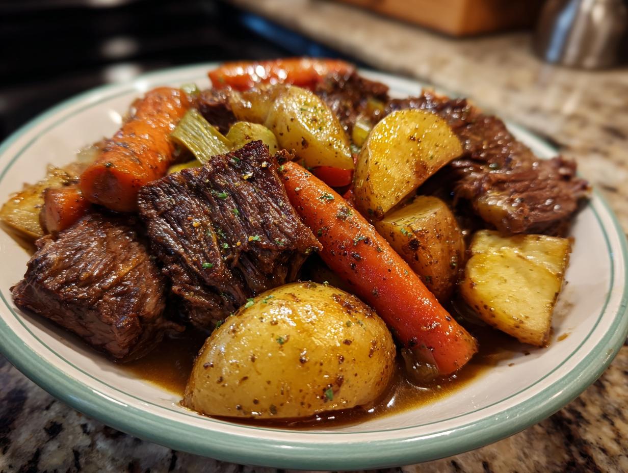 A plate of tender slow cooker pot roast with potatoes and carrots, a perfect example of slow cooker recipes for Sunday comfort.