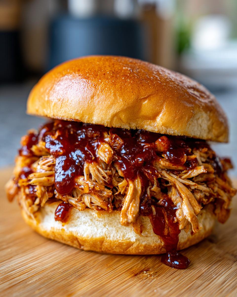 A delicious sandwich filled with slow cooker pulled BBQ chicken and dripping with sauce.